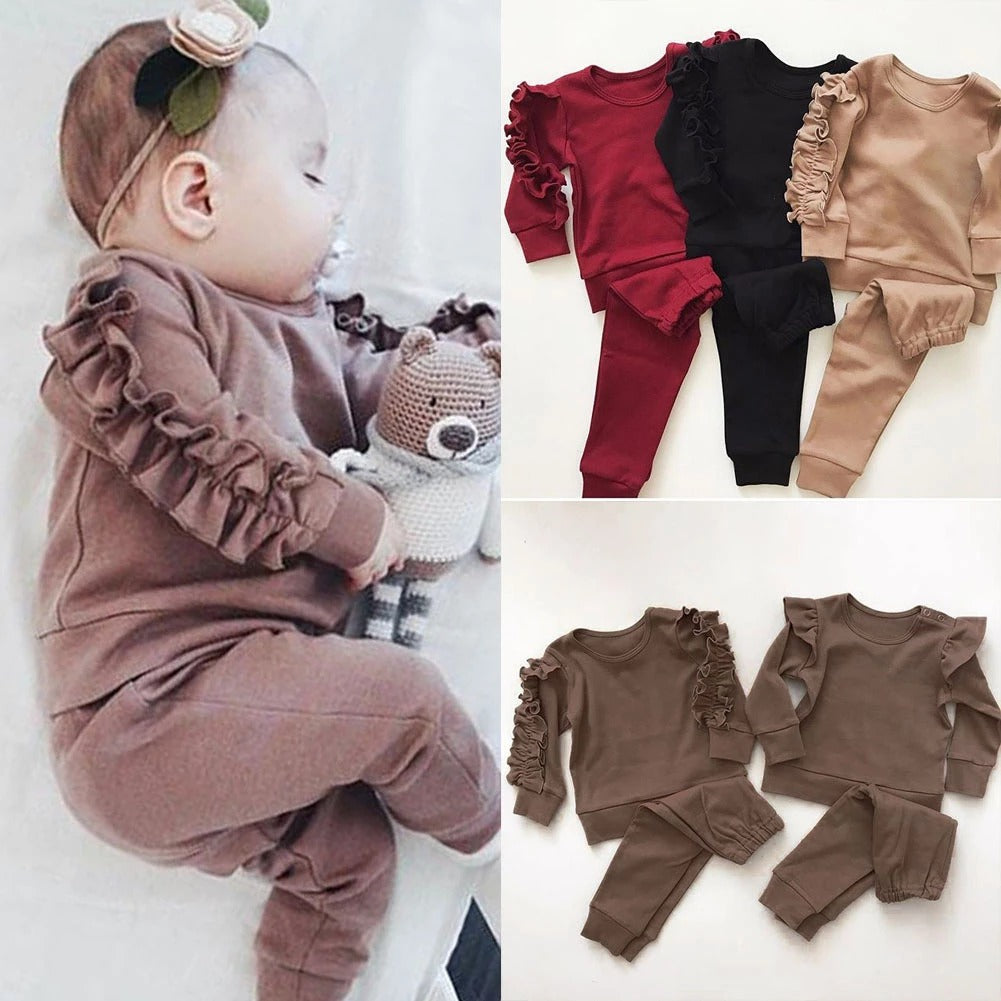 Newborn Baby Boys Girls Ruffles Jumper Solid Long Sleeve Sweatshirt Tops Pants Infant Kids 2Pcs Outfits Clothes Set Fall Clothes Main image