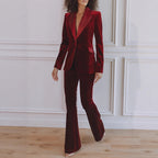 Womens Solid-Color Casual Long-Sleeve Blazer And Pants Set