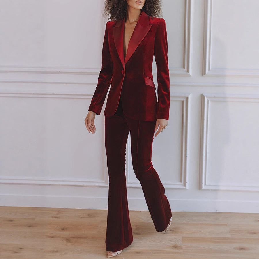 Womens Solid-Color Casual Long-Sleeve Blazer And Pants Set