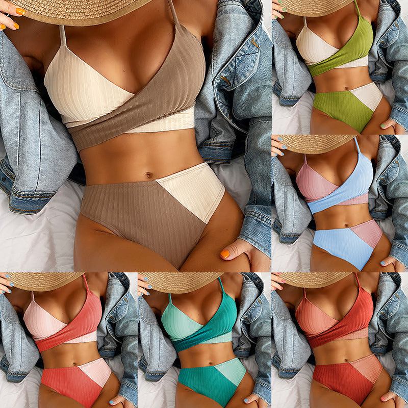 Bikini Patchwork Swimwear Ribbed Women's Swimsuit Knot Back Beachwear Ruched Butt Biquinis Bathing Suits Main image
