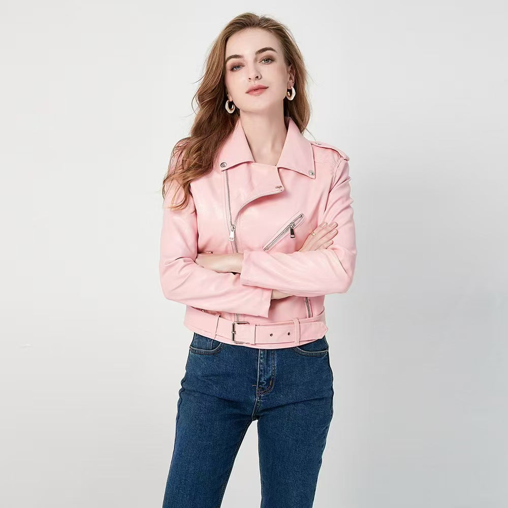 Women's Fashion Diagonal Zipper Slim Fit Washed Motorcycle Jacket Main image