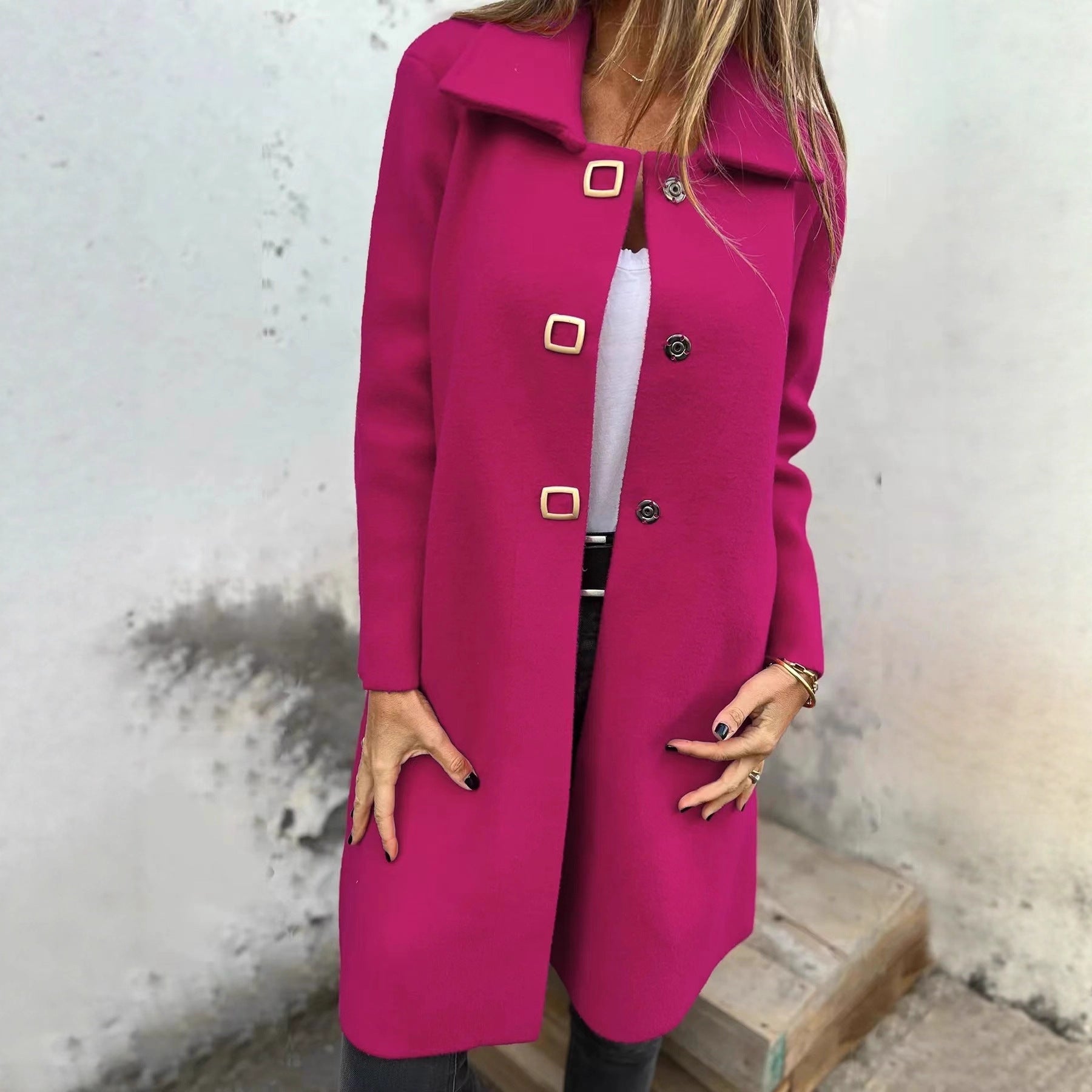 Women's Solid-color Mid-length Wool Coat With A Single-breasted Design