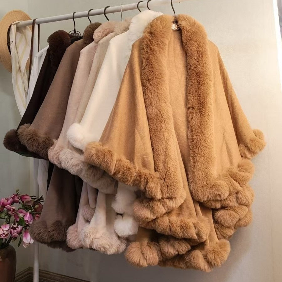 Thickened Knitted Cape With Furry Collar For FallWinter Main image