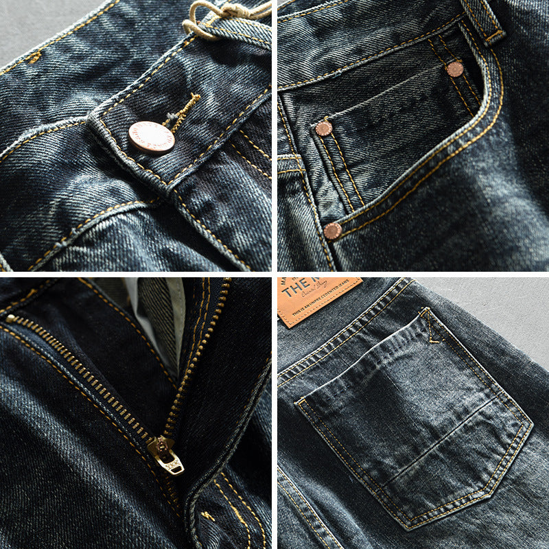 Mens Retro Washed Denim Blue Trousers