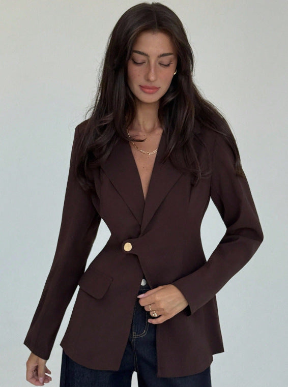 Womens Solid-Color V-Neck Elegant Slim-Fit Blazer