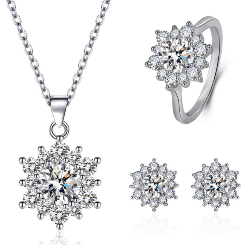 Elegant Full-diamond Snowflake Stud Earrings Pendant Necklace And Ring Jewelry Set Main image