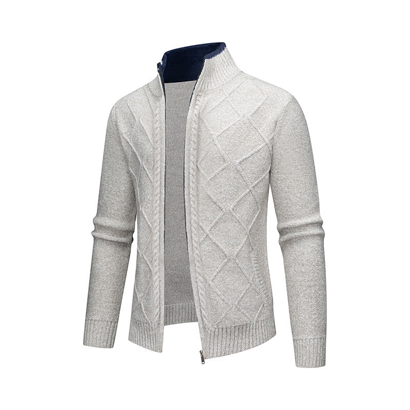 Solid Color Stand Collar Diamond Pattern Knit Casual Fashion Jacket